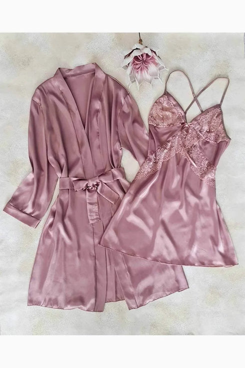 Dried Rose Satin Dressing Gown and Shorts 6 Pcs Dowry Set